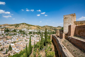 Fototapeta na wymiar Panoramic view of Alcazaba of Alhambra and Albaycin (Albaicin, Albayzín, Albaicín), an old Muslim district of Granada, Spain