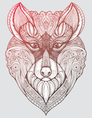 Portrait of a wolf. The dog's head. Line art. Black and white drawing by hand. Stylized. Decorative. Tattoo. Indian .  decorated with feathers.