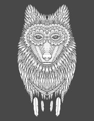 Portrait of a wolf. The dog's head. Line art. Black and white drawing by hand. Stylized. Decorative. Tattoo. Indian .  decorated with feathers.