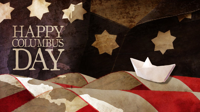 Happy Columbus Day. Stars and Stripes Paper Boat and Chart