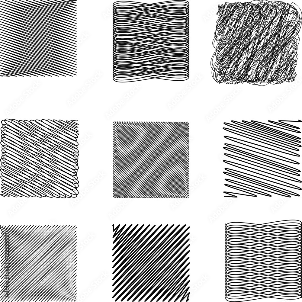 Poster Set of Doodle square irregular lines drawn with a pen or pencil in a quadrate, complex geometric shapes created using calligraphy pen with ink, vector Doodle for print or website design