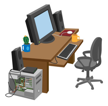 cartoon a work desk with a computer on a white background