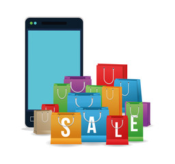 Smartphone and shopping bag icon. Shopping commerce market theme. Isolated and colorful design. Vector illustration