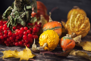 Autumn still life with pumpkins and leaves on old wooden background