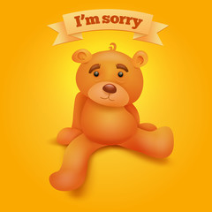 Cute brown teddy bear sitting on yellow background. I'm sorryconcept card