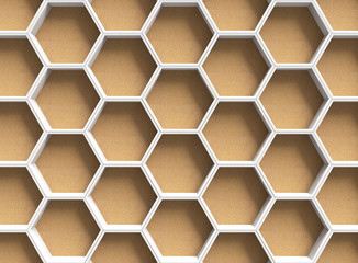 White hexagons on wooden background