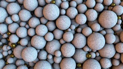 A mass of light stone balls with some small golden spheres in it. 3D rendering. Abstract background.