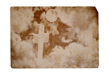 Two old stone crosses nameless with clouds and full moon. Vintage sepia postcard style. Moon image courtesy NASA.