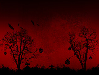 Halloween on dark red background with spooky bats and tomb under died tree.