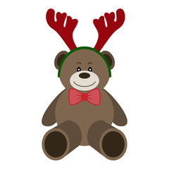 Vector illustration of a toy christmas bear with antler hat deer and bow tie on a white background