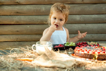Cute little boy eats berries