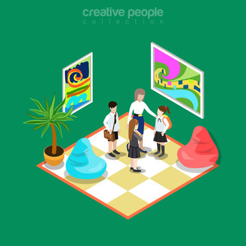 Isometric Flat Education Teacher Student Art Gallery Vector