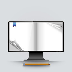 Abstract computer screen empty curled pages vector template.