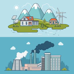 Linear Flat town compared to heavy industry vector illustration