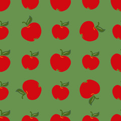 Red apples abstract seamless pattern on green background.