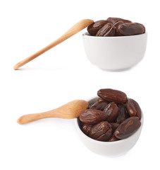 Date fruits in bowl with wooden spoon over white isolated background surface