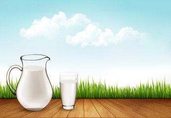 Natural Whole Milk In Jug And Glass isolated On Nature Backgroun