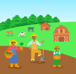 Farming black family standing in farm field. Flat vector background. Mother with vegetables, father with a shovel, son with pumpkin. Countryside landscape with barn and cows. Parents with kid