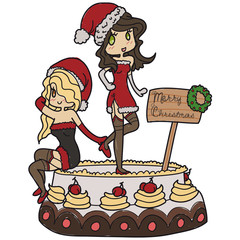 two doodle style cartoon pin ups posing on a cake