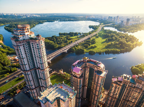 Aerial view of Moscow with Stroginsky bridge