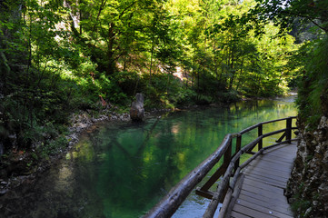 The famous Vintgar gorge with wooden path near lake Bled, Slovenia