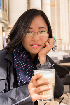 Beautiful Asian Girl Portrait Cafe Drinking Coffee Customer Rest