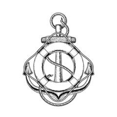 Vector illustration of an old nautical anchor and life buoy © vectorpocket