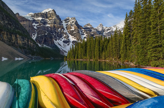 Colourful canoes, Moraine Lake, Banff National Park, Alberta, Canada