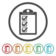 Checklist clipboard icon. Round icon isolated on white background