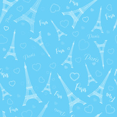 Eiffel tower, Paris, love. Seamless pattern with romantic hearts for invitations, clothing, travel, cards, designs products, bags and accessories.