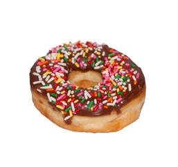 Chocolate covered donut with colorful nonpareils on top, on white