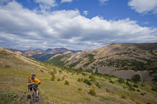 A middle aged male mountain biker rides the perfect singletrack trails of Spruce Lake Protected Area, Southern Chilcotins, British Columbia, Canada