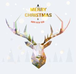 Vector polygonal reindeer illustration, with snowy landscape background . Christmas card design. 