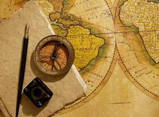 Fototapeta na wymiar Ship's journal and compass