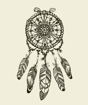 Hand drawn dreamcatcher with feathers. Vintage Indian amulet  ethnic patterns