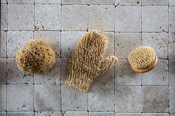 still-life of different exfoliating accessories for detoxifying massage