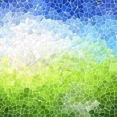 landscape colored abstract marble irregular plastic stony mosaic pattern texture background with white grout - blue sky over green grass