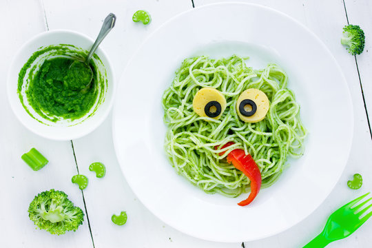 Food art idea for kids green monster from spaghetti