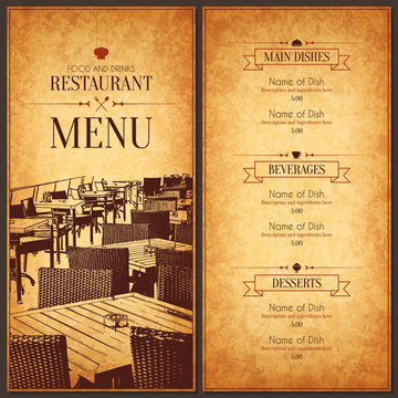 Restaurant menu design. Vector menu brochure template for cafe, coffee house, restaurant, bar. Food and drinks logotype symbol design. With a crumpled vintage background
