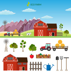 Garden colorful designs elements vector farm illustration icon set of different gardening equipment, tools, vegetables and plants. 