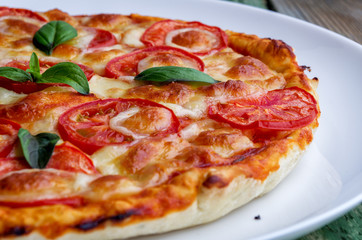 Part of pizza with cheese on white plate. Close-up