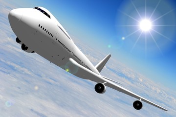 3D passenger jet plane flying in the air - great for topics like aviation, flight, transportation etc.