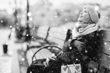 girl outside snow winter autumn city