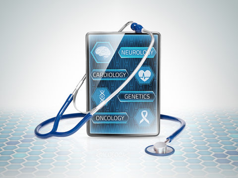 Tablet with medical menu on futuristic background