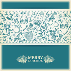 Vintage Christmas greeting card with hand draw elements.