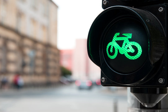 Fototapeta Traffic light with green light for bike