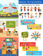 Big school collection for design. School sale banner, classroom, set of students, education background.