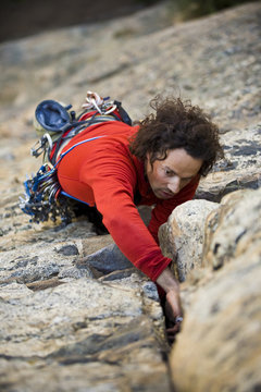 A man rock climbing, Assholes of August 5.9, Skaha Bluffs, Skaha, Penticton Area, British Columbia, Canada