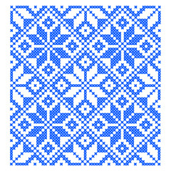 Geometric Ornament of of Flowers White and Blue Color, Cross-stitch, Vector Illustration