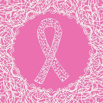 Breast Cancer Awareness Month Poster. Ribbon Sign. Breast Cancer Symbol. Breast Cancer Awareness Card With Hand Drawn Ribbon And Pink Frame. Fight Like A Girl. You Are Not Alone.